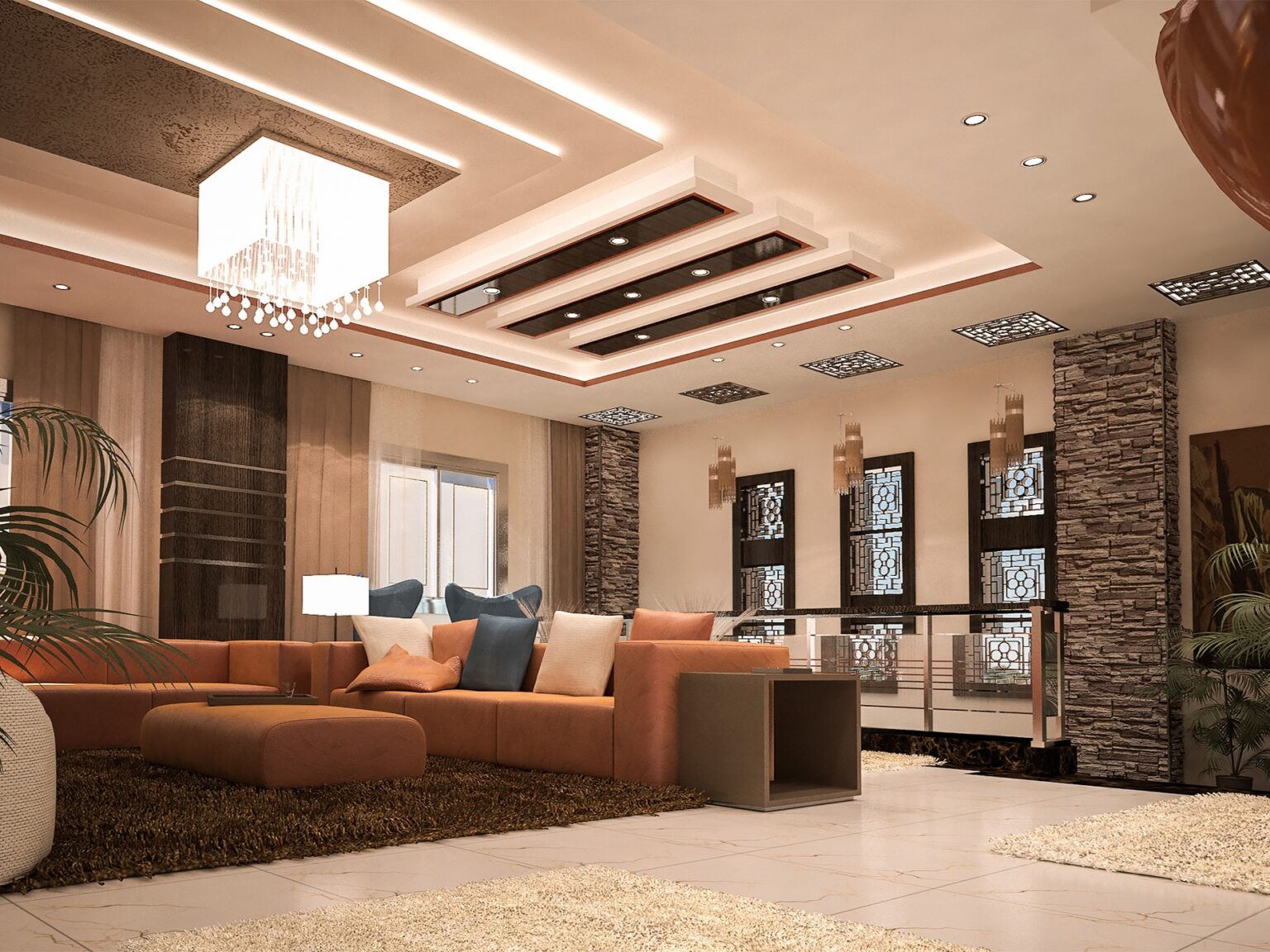 Open-concept living area with warm tones, layered lighting, and a seamless blend of comfort and elegance. Concept Art’s work in New Cairo, Egypt.