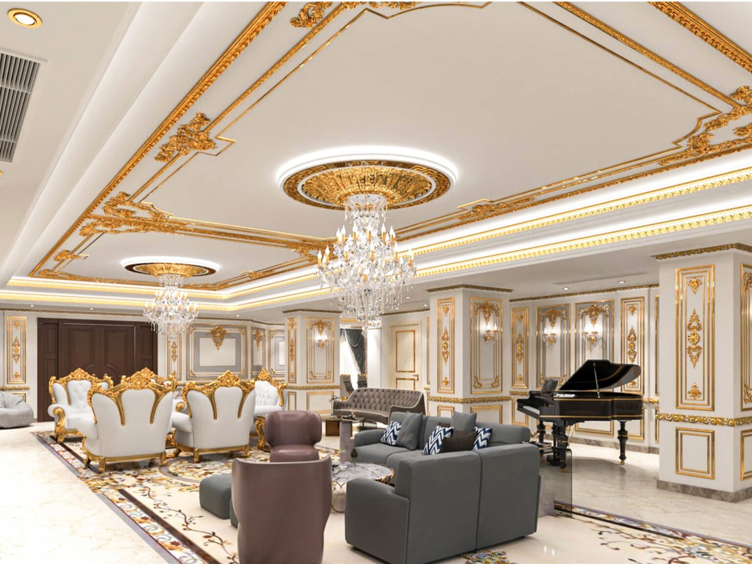 Luxury classic Interior design with golden accents and a grand chandelier