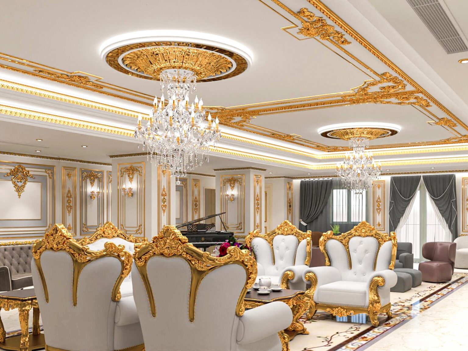 Luxury salon with gold accents, golden chairs and a grand chandelier