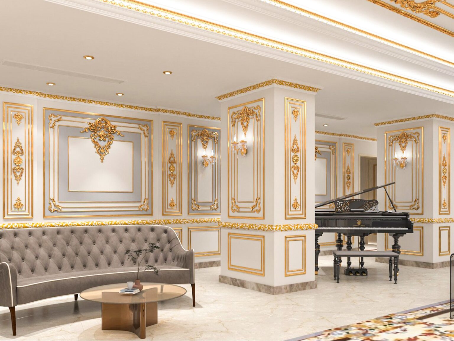 Lavish living room with gold accents, a grand chandelier, and polished marble flooring