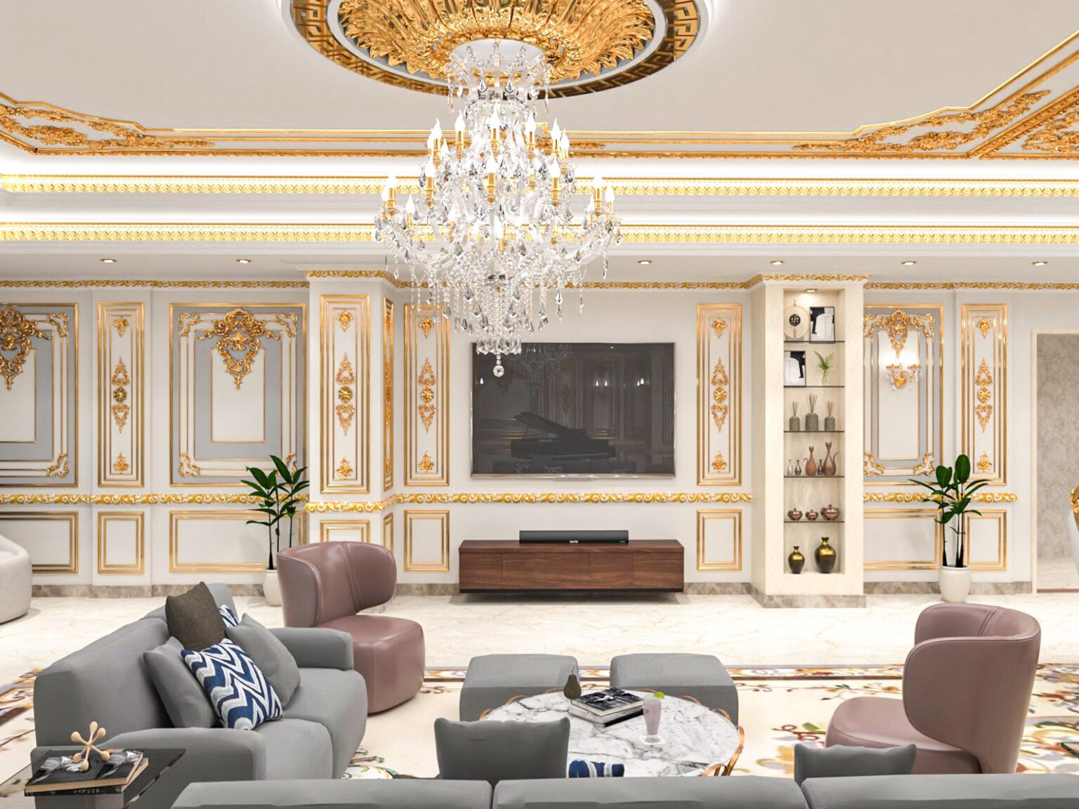 Lavish living room with gold accents, a grand chandelier, and polished marble flooring.