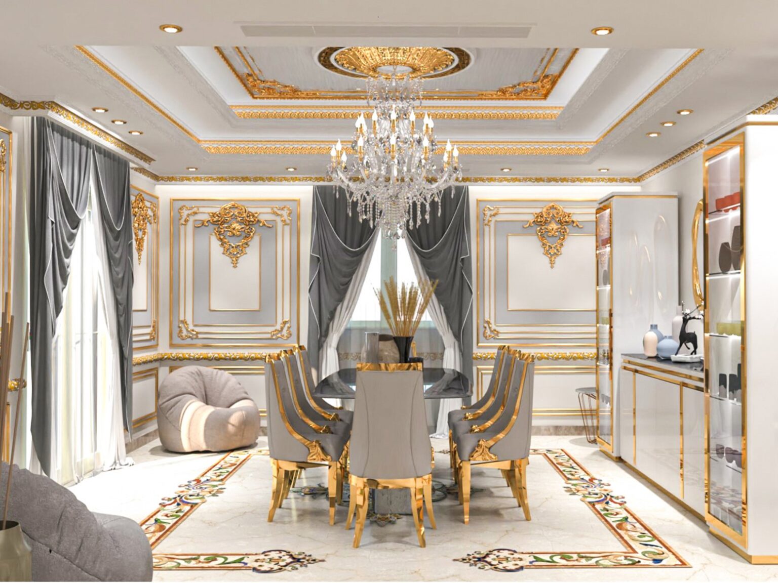 Classic luxury dining room with golden accents and a grand chandelier