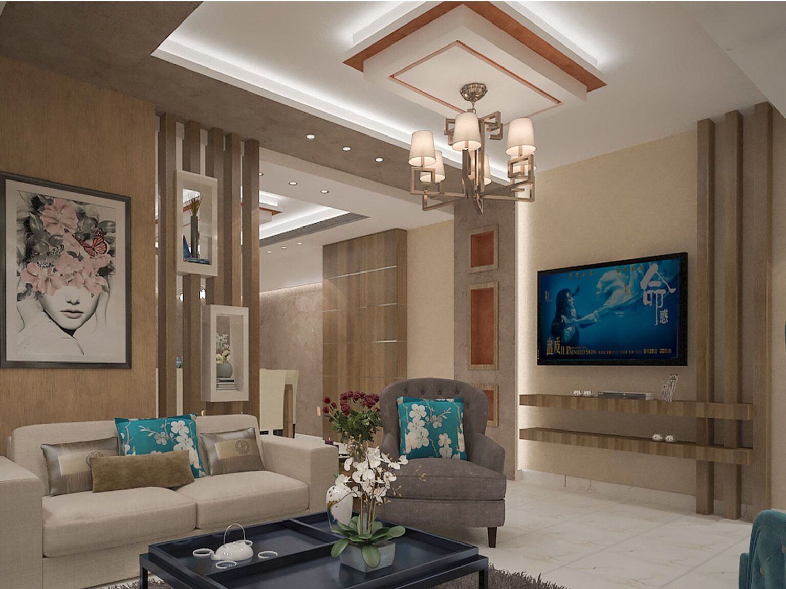 Modern interior of a living room with a modern chandelier