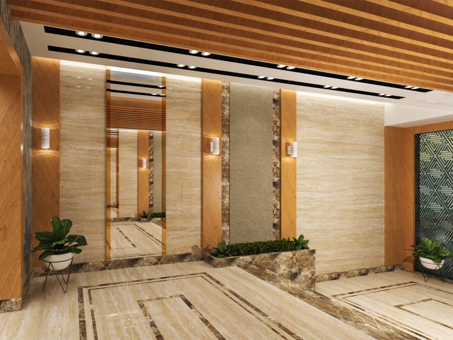 Luxurious commercial lobby with marble finishes, sleek furniture, and recessed lighting. Consept Art excels in creating premium spaces.