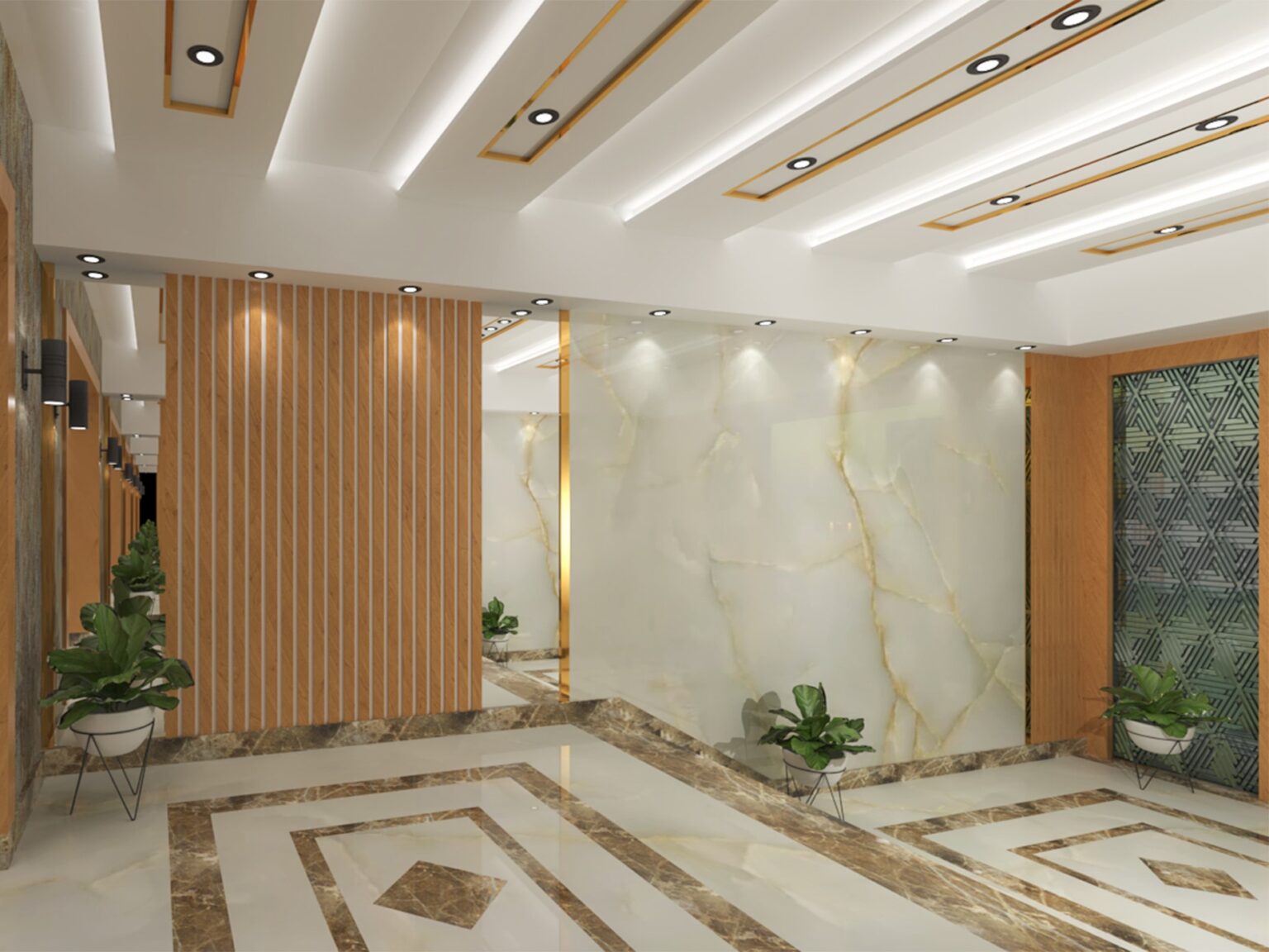 Luxurious commercial lobby with marble finishes, sleek furniture, and recessed lighting. Concept Art excels in creating premium spaces.