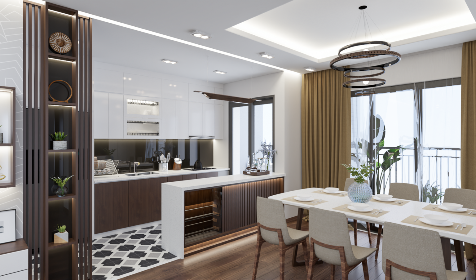 American kitchen with minimalist white cabinetry, under-cabinet LED lighting, and a marble backsplash. Located in New Cairo, Egypt.