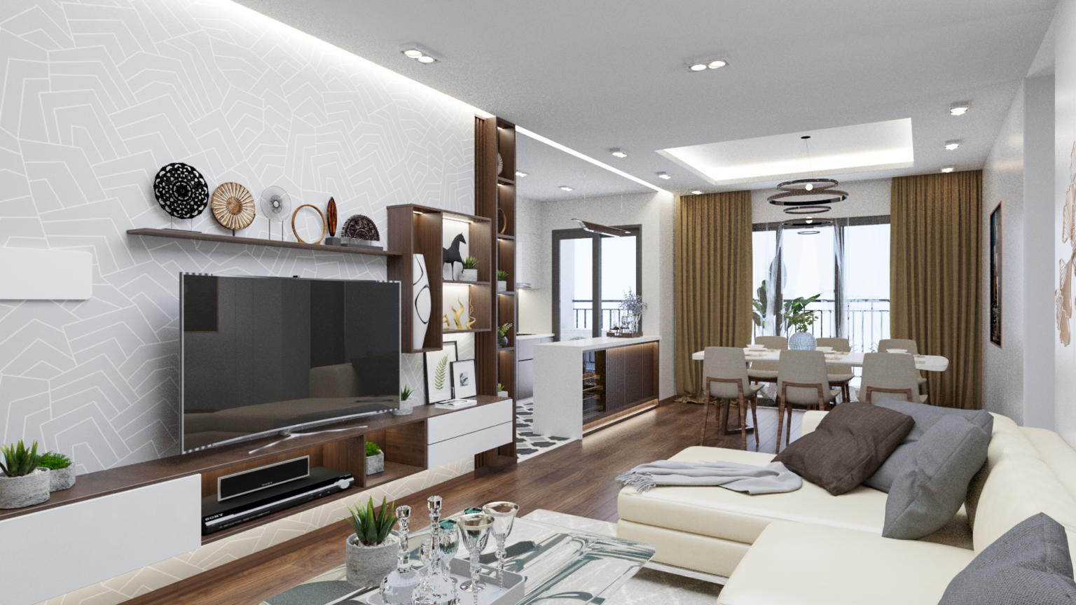 An open-concept interior design in new cairo for a living room featuring beige and white furniture, a glass coffee table, and floor-to-ceiling window.