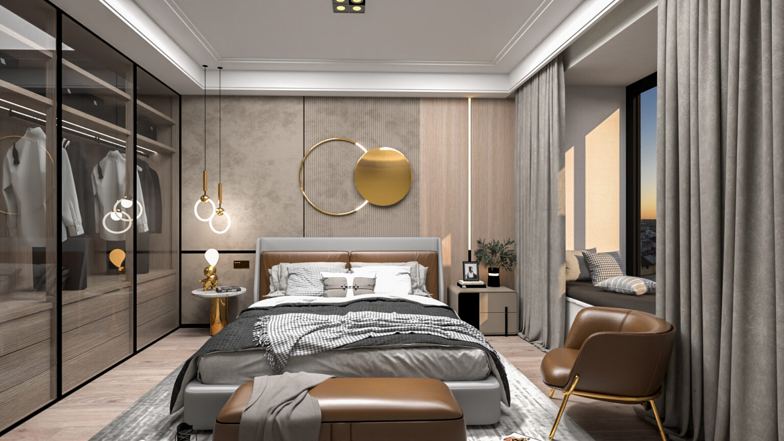 A modern bedroom with warm recessed lighting, a cozy seating area by the window, and sleek wooden side tables. Designed by Consept Art in New Cairo, Egypt.